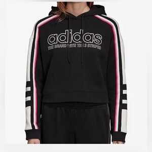 Adidas Originals Linear Cropped Hoodie in black with white and pink stripes